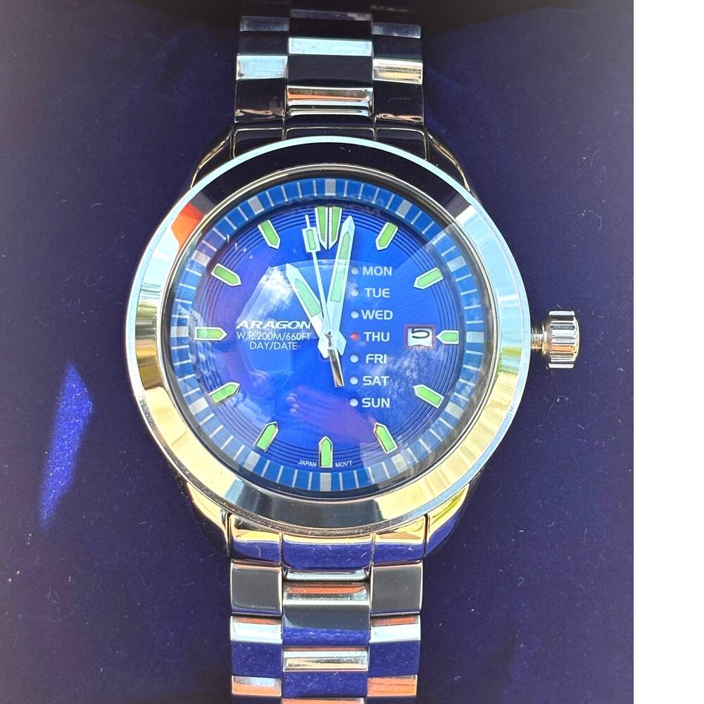 Aragon Antigravity Vertical Day Date Blue Dial Stainless Steel 50mm Men’s Watch